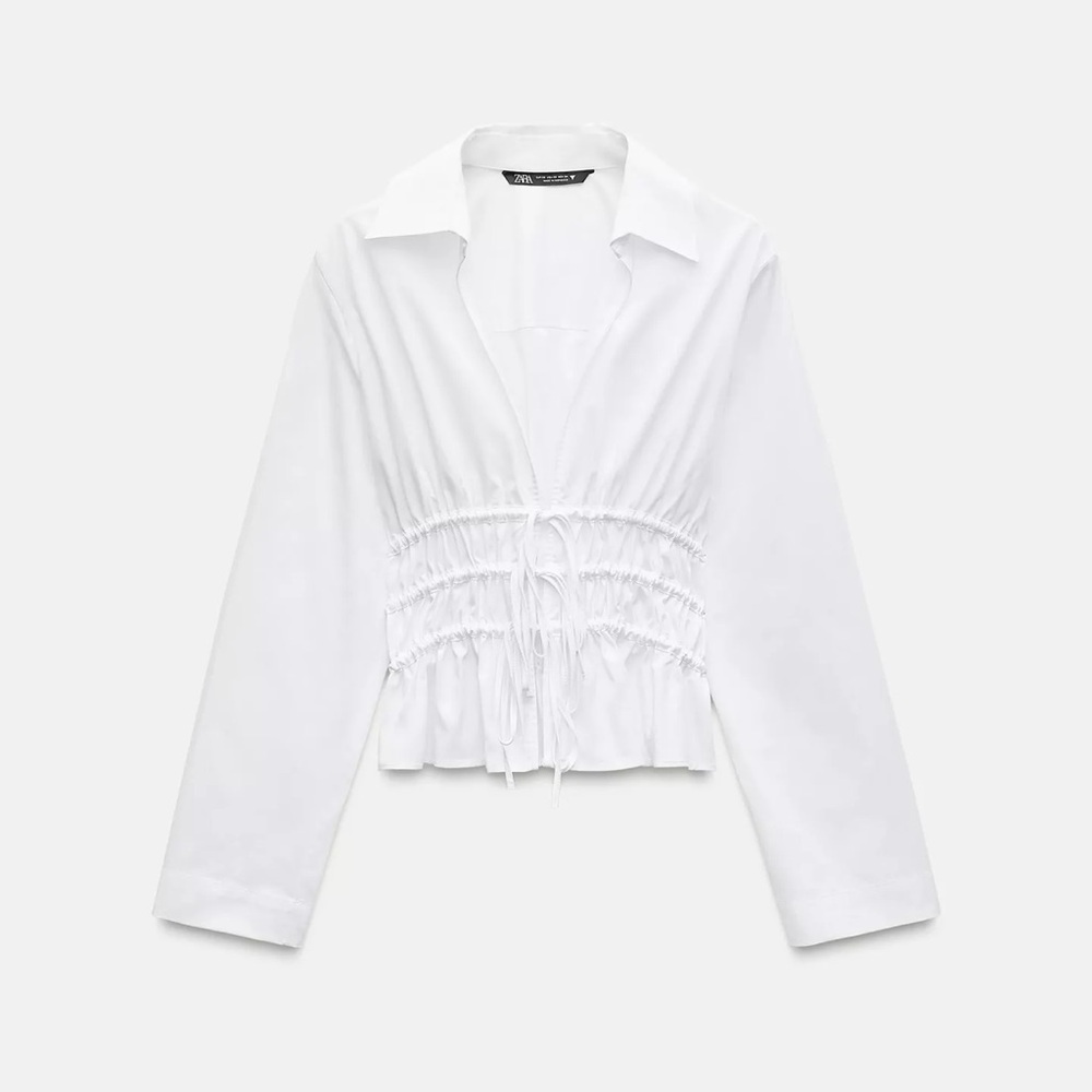 ZARA Tie Waist Gabardine Shirt NWT SOLD OUT Balletcore Peplum Crop Blouse M
